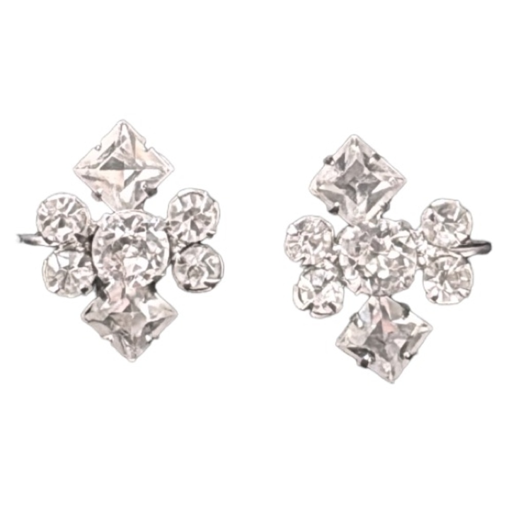 Vintage silver faux diamond abstract cluster stone screw back clip on earrings